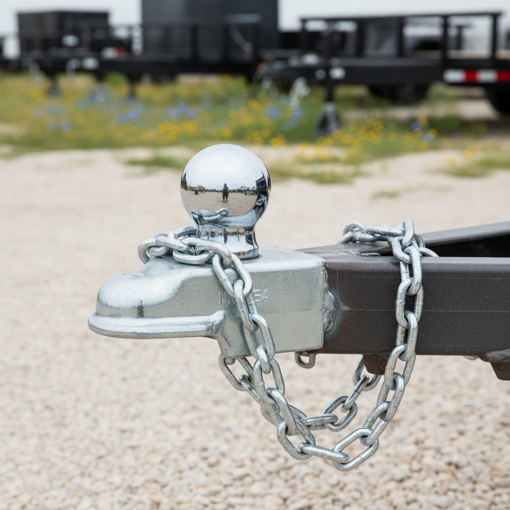 The ball of a hitch coupled with silver chains with the ball-tightening mechanism partially in view and a trailer black me...